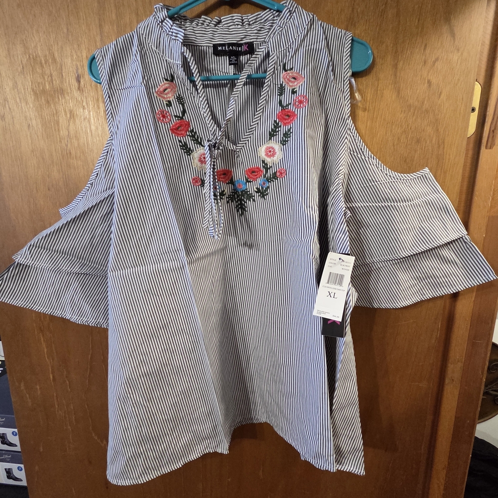 Striped Cold Shoulder Top - Blue and White
